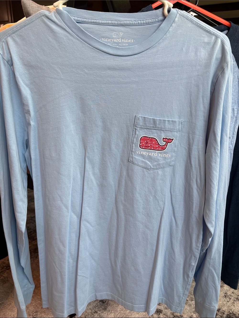 Vineyard Vines Light Blue Long-Sleeve Pocket Tee with Red Whale